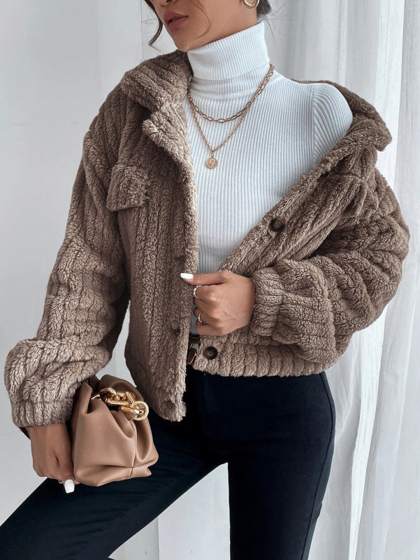 Trendy Plush Jacket - Warm Faux Fur, Flap Pockets Crop Jacket Jackets - Chuzko Women Clothing