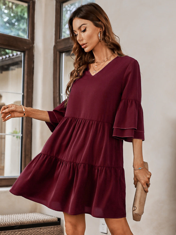 Casual Elegance: Women's Tiered Ruffle Mini Dress with V-Neck Mini Dresses - Chuzko Women Clothing