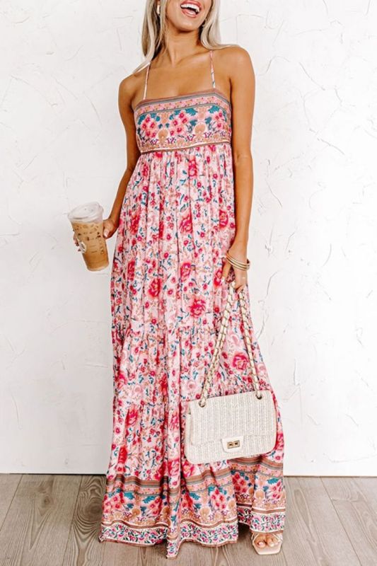Charming Floral Backless Cami Maxi Dress with Adjustable Straps Maxi Dress - Chuzko Women Clothing