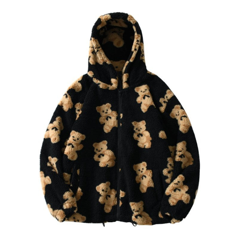 Fluffy Plush Teddy Bear Zip-Up Hooded Sweater Jacket Sweater Jacket - Chuzko Women Clothing