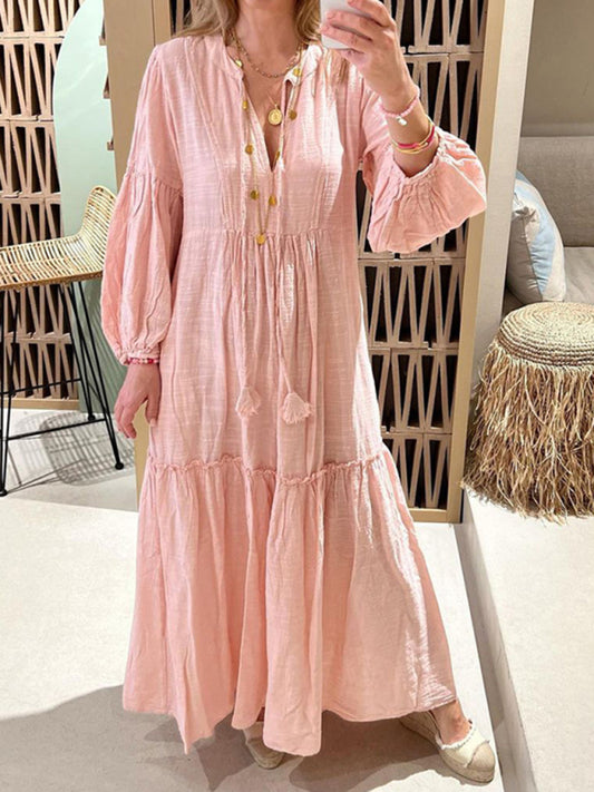 Vacation Dresses- Cotton Linen Tunic with Lantern Sleeves - Boho Maxi Dress- Pink- Chuzko Women Clothing