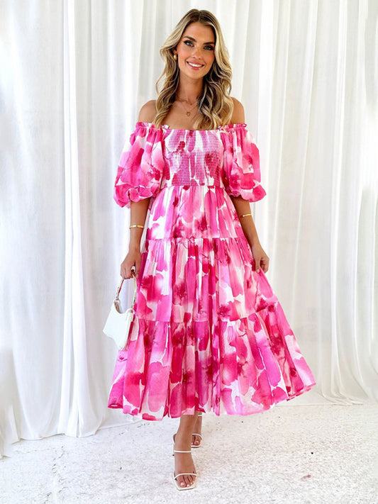 Elegant Floral Off-Shoulder Midi Dress for Vacation with Balloon Sleeves