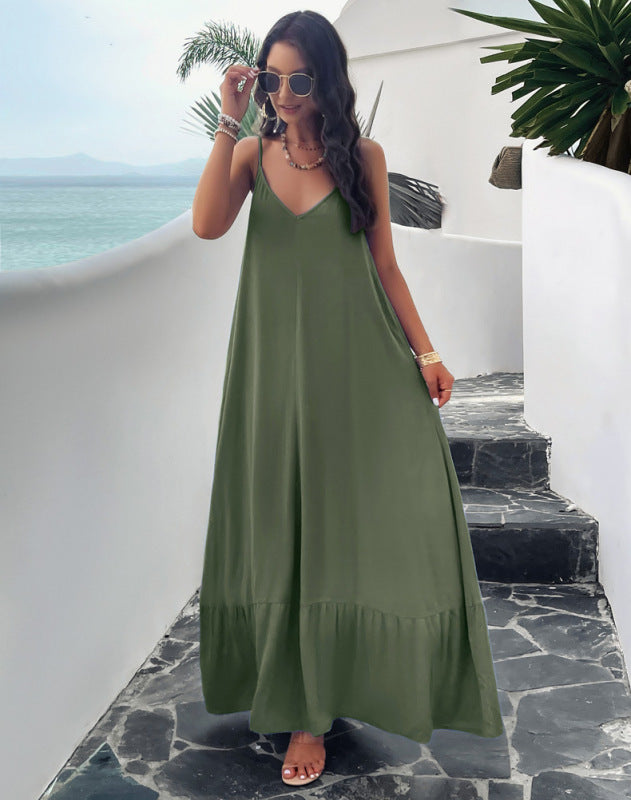 Vacation Dresses- Solid Cami Maxi Dress for Vacation Summer- Chuzko Women Clothing