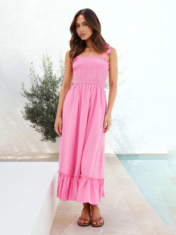 Vacation Dresses- Solid Cami Midi Dress with Smocked Bodice & Frill Accents- Pink- Chuzko Women Clothing