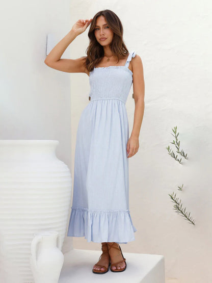 Vacation Dresses- Solid Cami Midi Dress with Smocked Bodice & Frill Accents- - Chuzko Women Clothing