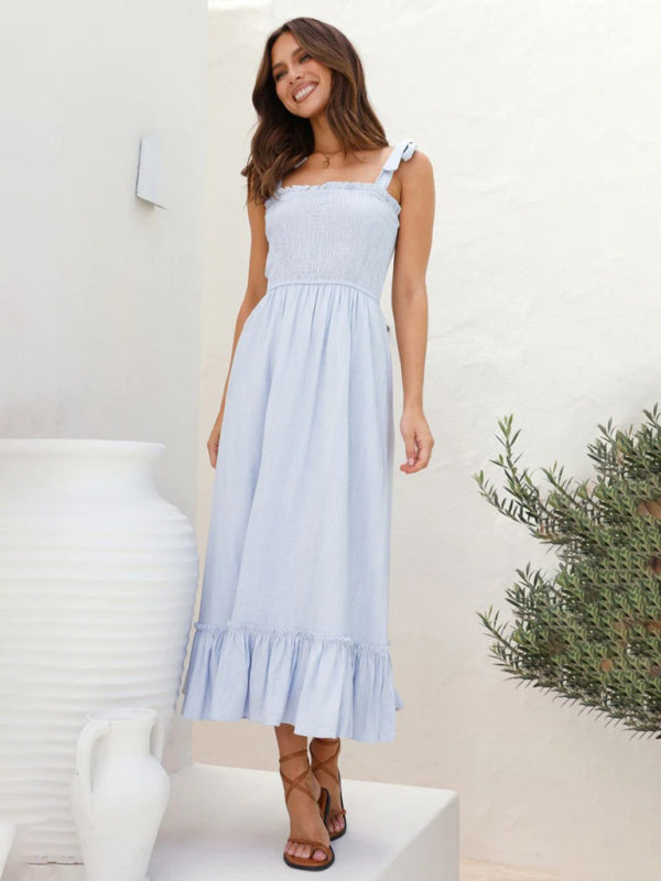 Vacation Dresses- Solid Cami Midi Dress with Smocked Bodice & Frill Accents- - Chuzko Women Clothing