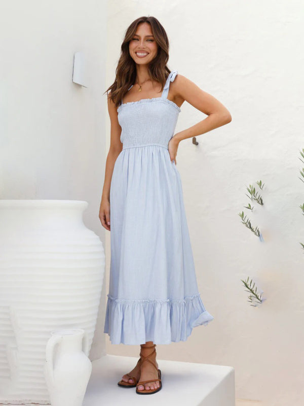 Vacation Dresses- Solid Cami Midi Dress with Smocked Bodice & Frill Accents- Clear blue- Chuzko Women Clothing