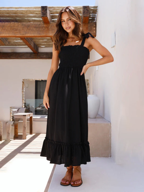 Vacation Dresses- Solid Cami Midi Dress with Smocked Bodice & Frill Accents- Black- Chuzko Women Clothing