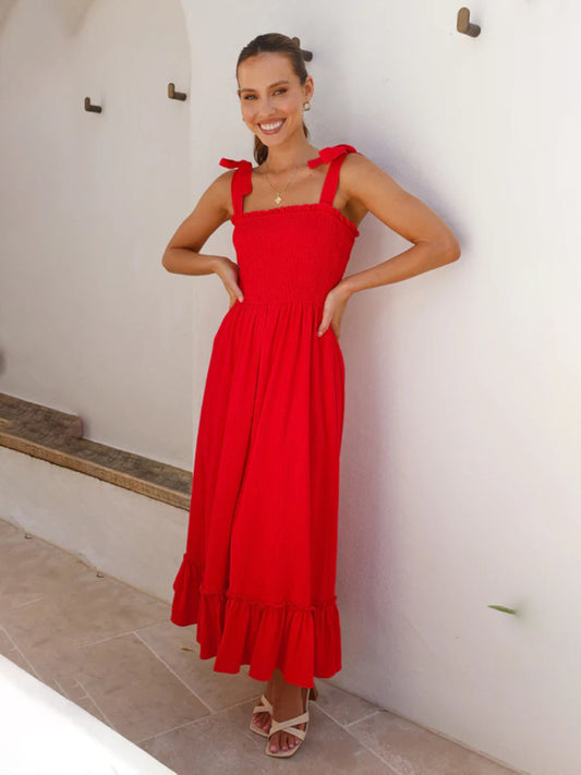 Vacation Dresses- Solid Cami Midi Dress with Smocked Bodice & Frill Accents- Red- Chuzko Women Clothing