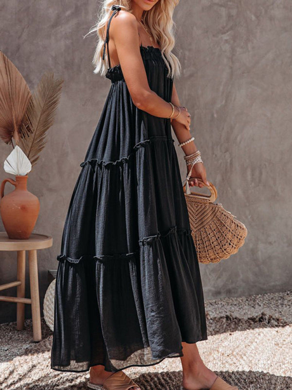 Solid Tie-Shoulder Cami Tent Midi Dress with Tiered Ruffles