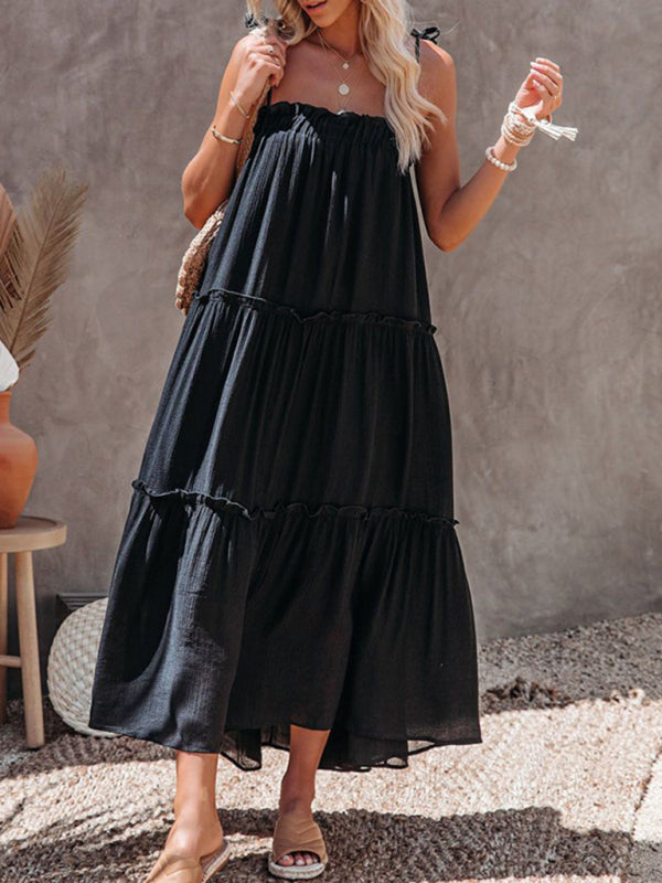 Solid Tie-Shoulder Cami Tent Midi Dress with Tiered Ruffles