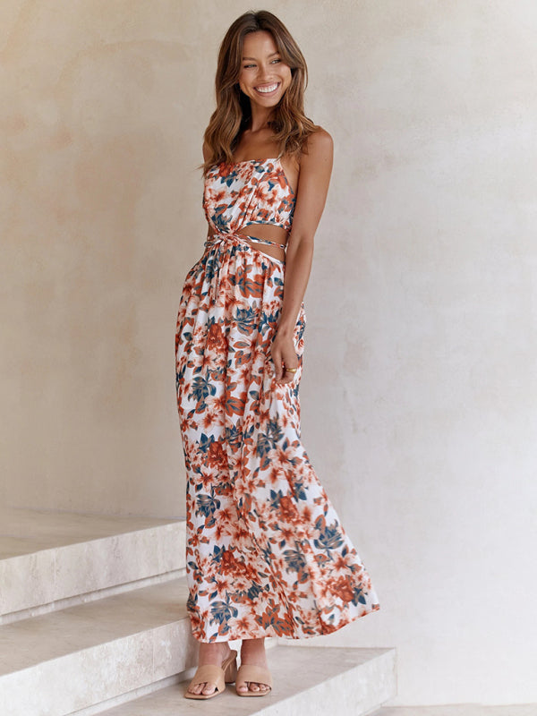 Vacation Dresses- Springtime Floral Print Cutout Maxi Dress for Vacation- - Chuzko Women Clothing