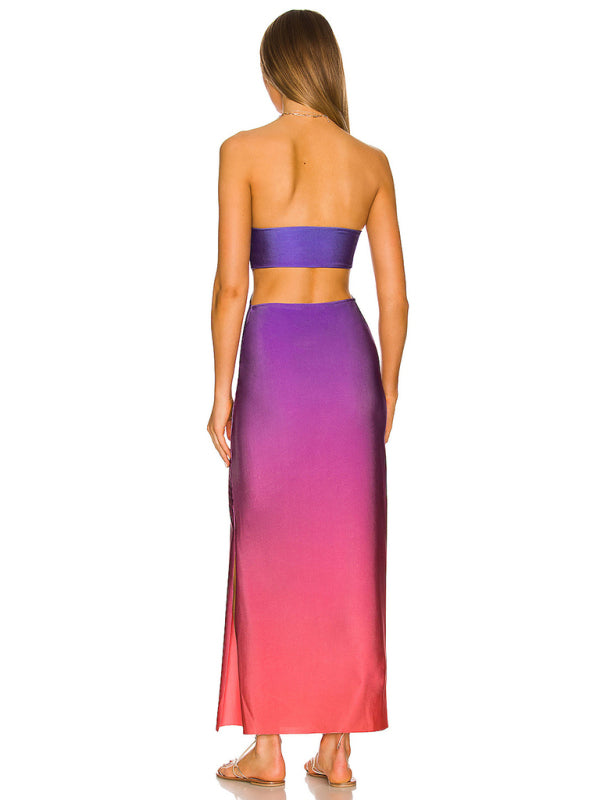 Vacation Dresses- Summer Slit Side Strapless Maxi Dress- Chuzko Women Clothing