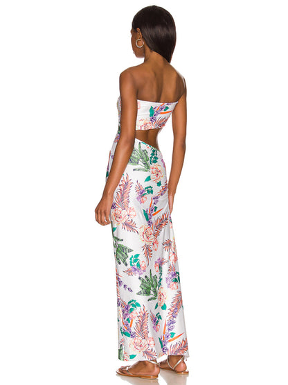 Vacation Dresses- Tropical Vacation Maxi Dress with Slit Side & Tube Design- Chuzko Women Clothing