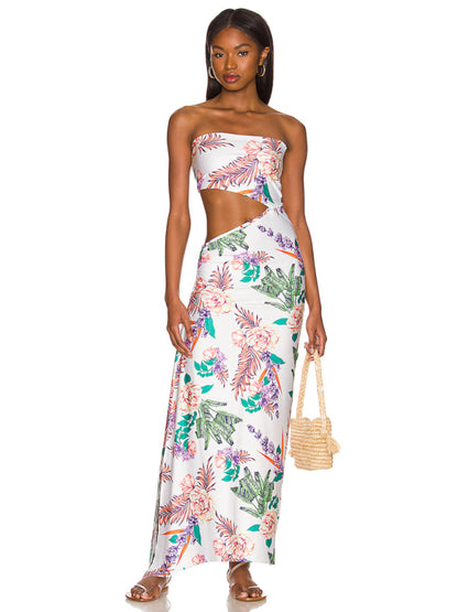 Vacation Dresses- Tropical Vacation Maxi Dress with Slit Side & Tube Design- Chuzko Women Clothing