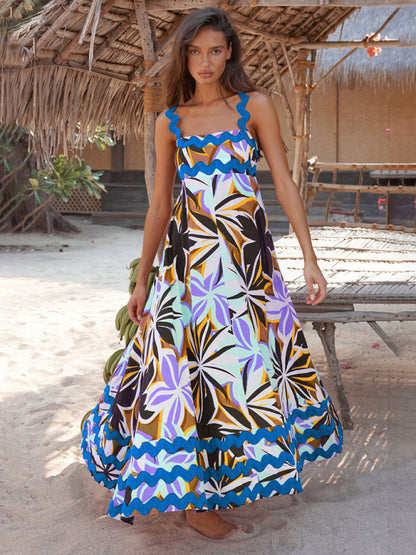 Vacation Dresses- Vacay A-Line Cami Long Dress in Vibrant Print & Contrast Wave Trim- Chuzko Women Clothing