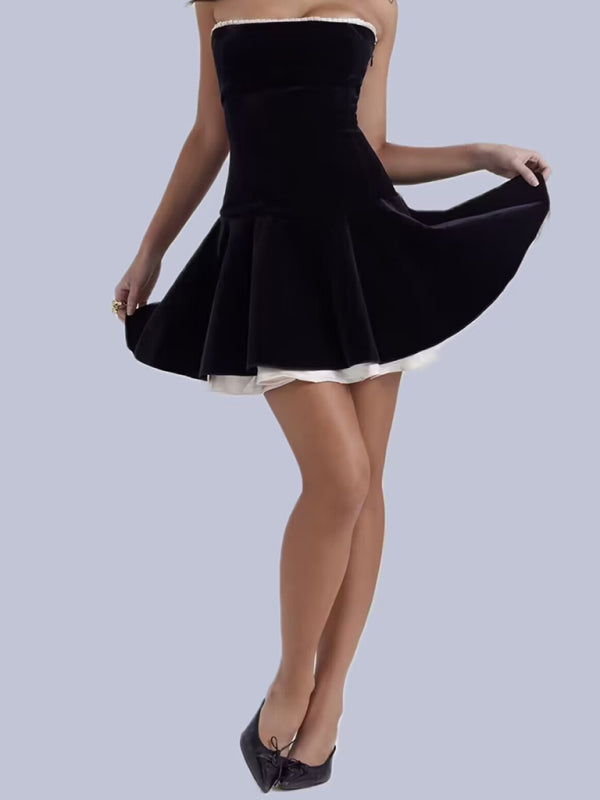 Velvet Dresses- Vintage Velvet Strapless Fit and Flare Mini Dress with Lace-Up Back- Chuzko Women Clothing