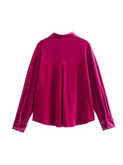 Velvet Shirts- Velvet Button-Up Festive Collared Shirt with Long Sleeves- Chuzko Women Clothing