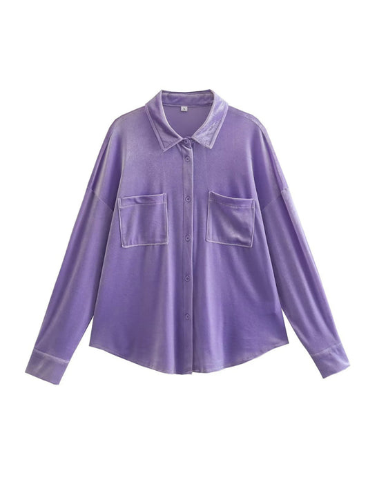 Velvet Shirts- Velvet Button-Up Festive Collared Shirt with Long Sleeves- Chuzko Women Clothing