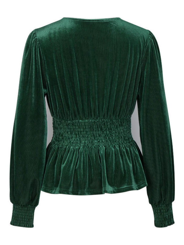 Velvet Tops- Elegance in Velvet Long Sleeve Couture Blouse with Surplice V-Neck- Chuzko Women Clothing