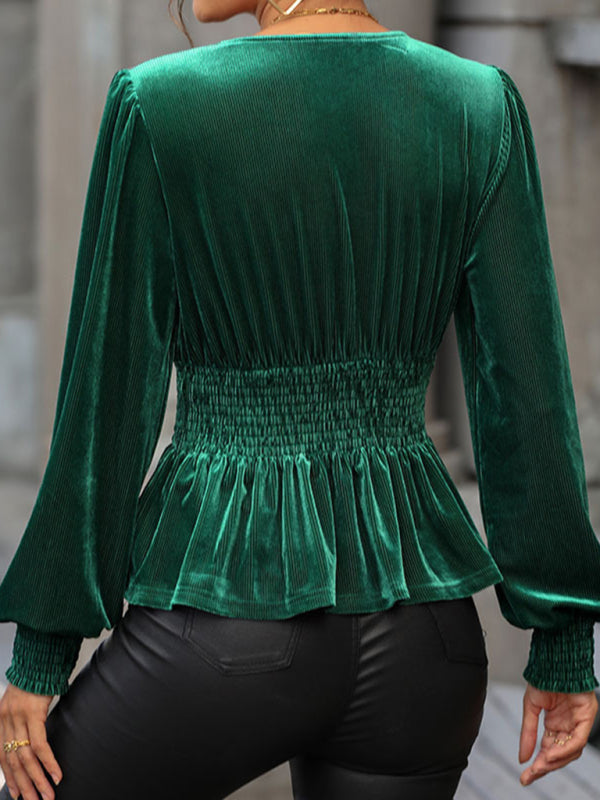 Velvet Tops- Elegance in Velvet Long Sleeve Couture Blouse with Surplice V-Neck- Chuzko Women Clothing