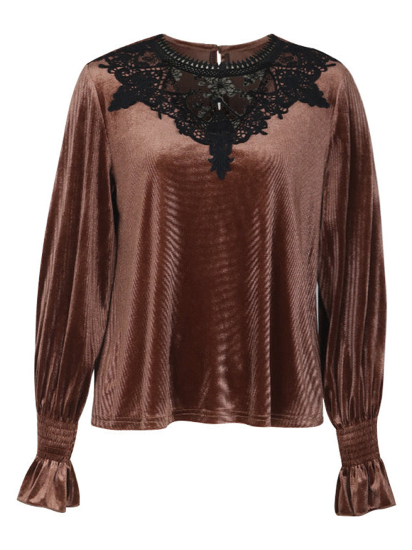 Smocked Cuffs & Lace Top - Luxe Winter Velvet Velour Blouse