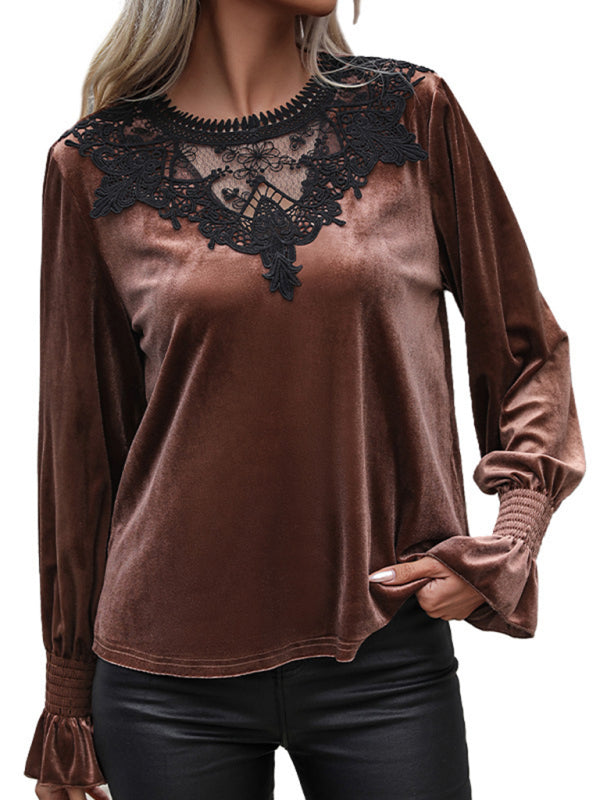 Smocked Cuffs & Lace Top - Luxe Winter Velvet Velour Blouse
