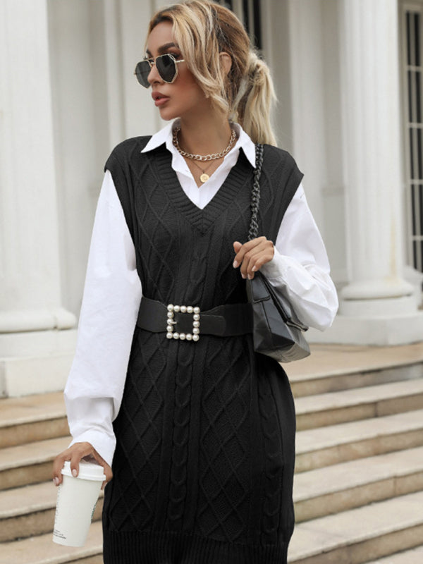 Cable Knit V Neck Sweater Vest Dress Vest Sweater Dresses - Chuzko Women Clothing