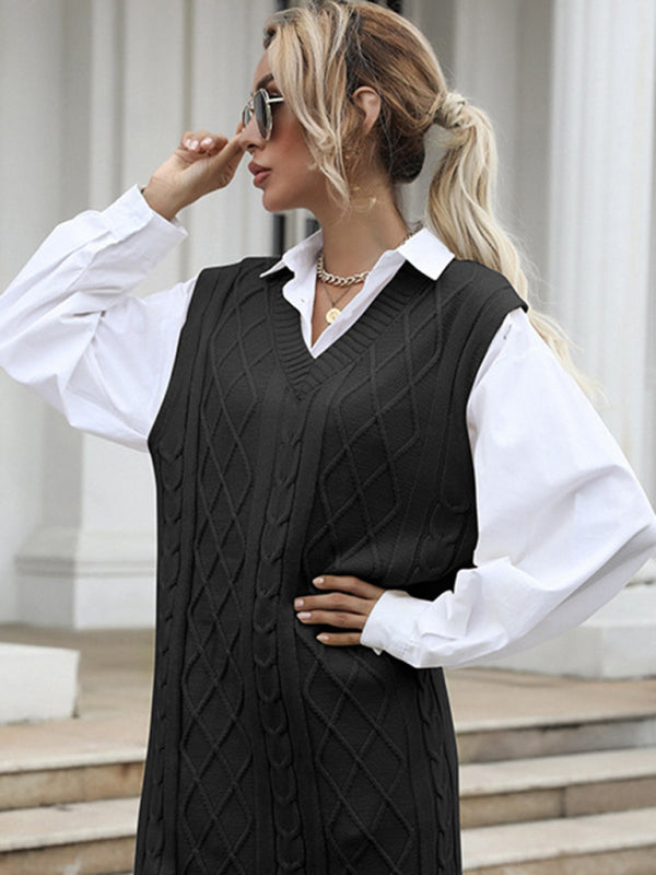 Cable Knit V Neck Sweater Vest Dress Vest Sweater Dresses - Chuzko Women Clothing