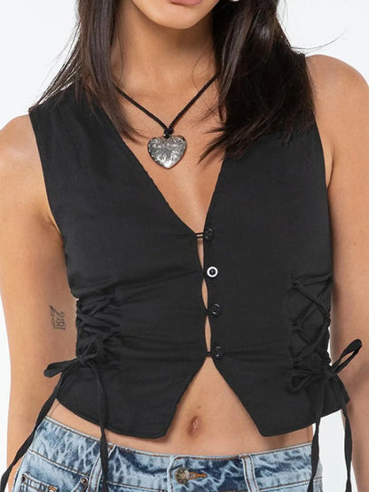 Vests- Sleeveless Lace-Up Side Vest | Solid Button-Up Crop Top- Chuzko Women Clothing