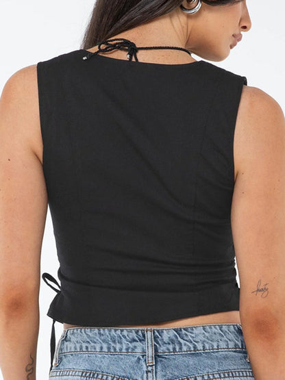 Vests- Sleeveless Lace-Up Side Vest | Solid Button-Up Crop Top- Chuzko Women Clothing