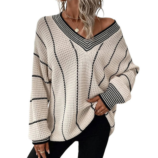Waffle Vertical Stripe Knitted V-Neck Autumn Sweater Jumper Sweaters - Chuzko Women Clothing