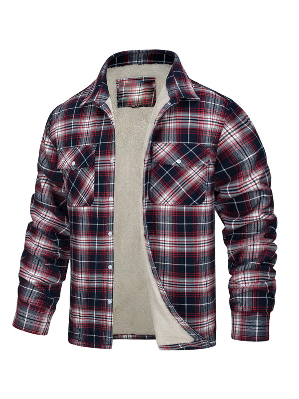 Warmer Jackets- Winter Men’s Fleece-Lined Flap Jacket in Plaid- Chuzko Women Clothing