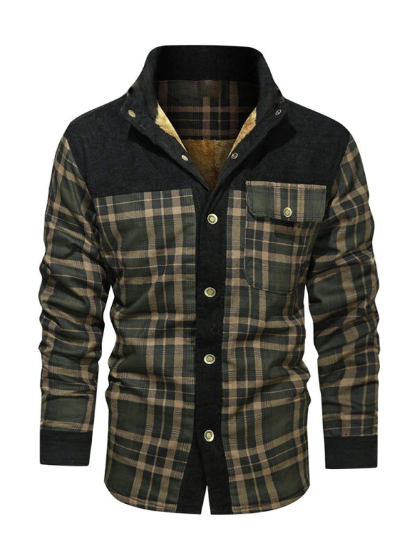 Warmer Jackets- Winter Plaid Patchwork Fleece-Lined Corduroy Jacket for Men- Chuzko Women Clothing