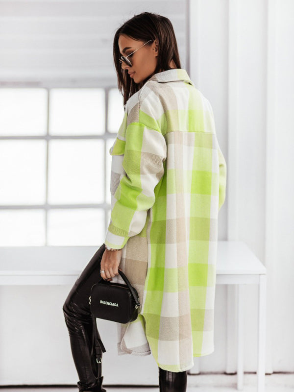 Windbreakers- Fall Plaid Wool Longline Shacket - Mid-Length Jacket- Chuzko Women Clothing