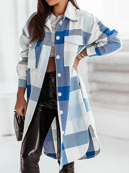 Windbreakers- Fall Plaid Wool Longline Shacket - Mid-Length Jacket- Chuzko Women Clothing