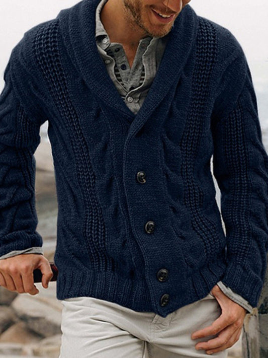 Winter Cardigans- Men's Shawl Collar Cardigan | Button-Up Cable Knit Sweater- Chuzko Women Clothing