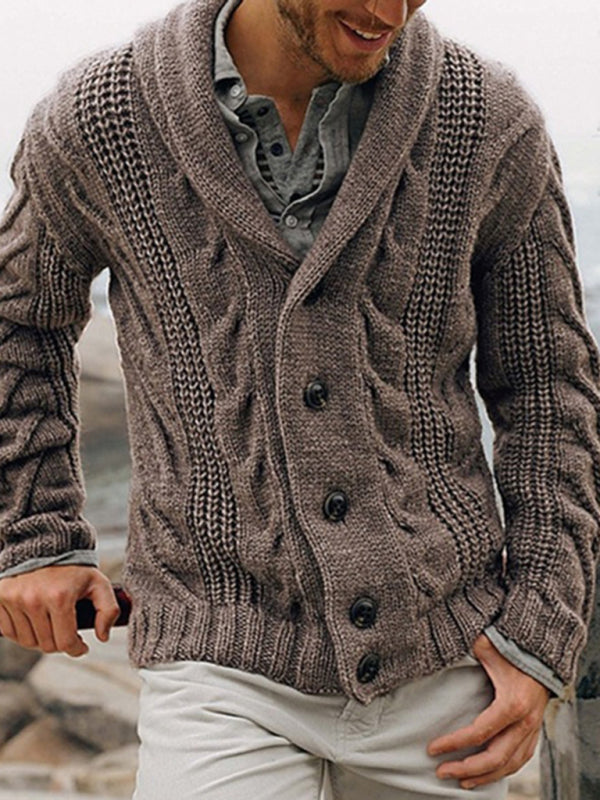 Winter Cardigans- Men's Shawl Collar Cardigan | Button-Up Cable Knit Sweater- Chuzko Women Clothing