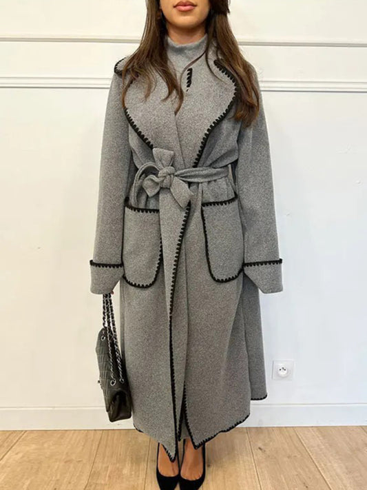 Wrap Coats- Embroidered Wrap Belted Coat in Cozy Faux Wool- Chuzko Women Clothing