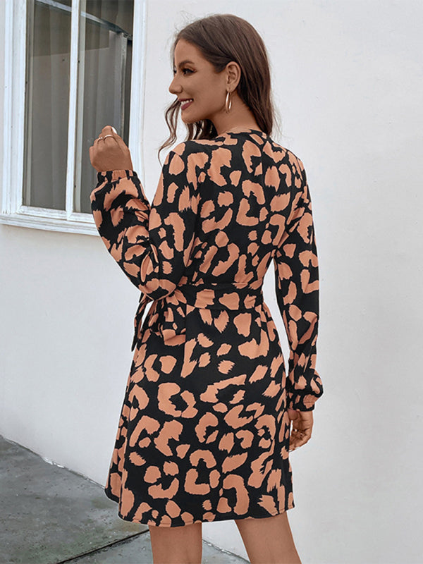 Wrap Dresses- Abstract Print Wrap Dress with Long Sleeves- Chuzko Women Clothing