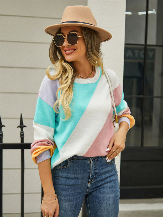 Knitted Patchwork Colorblock Round Neck Sweater Sweaters - Chuzko Women Clothing