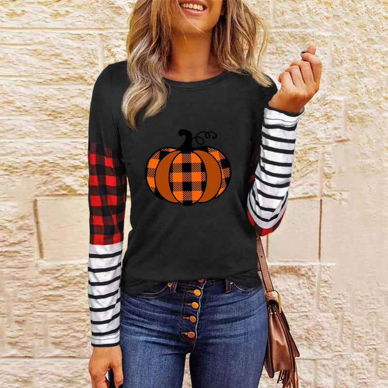 Halloween Spooky Pumpkin Ghost Print Long Sleeve T-Shirt T-shirts - Chuzko Women Clothing