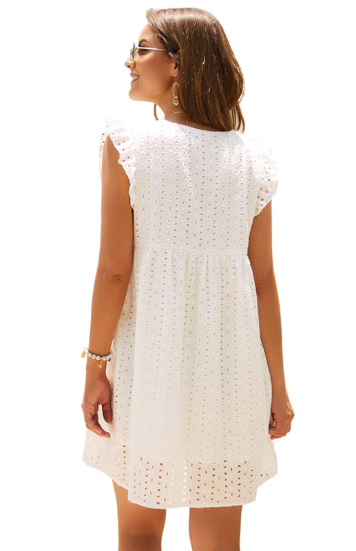 Cotton Eyelet V-neck Vacay Mini Dress Dress - Chuzko Women Clothing