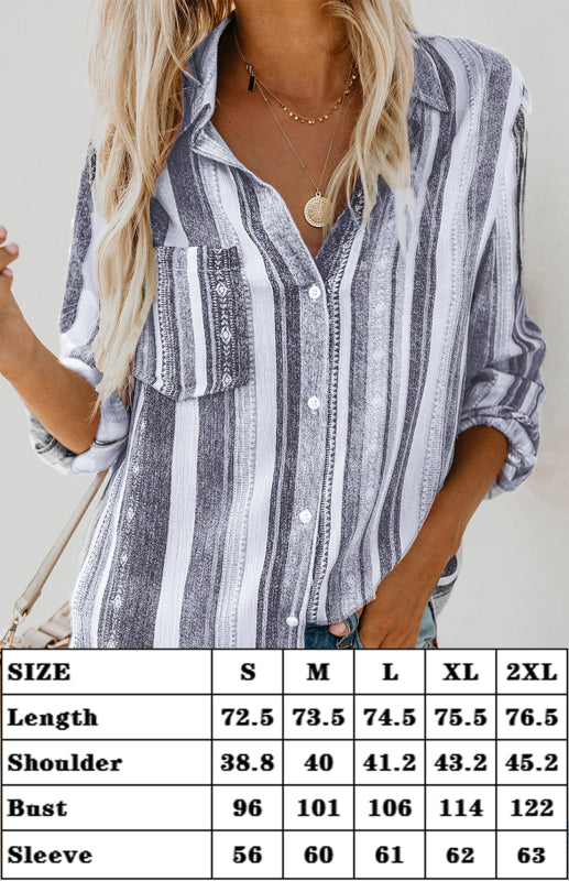 Washed Stripes Button Down V-Neck Shirt Shirts - Chuzko Women Clothing