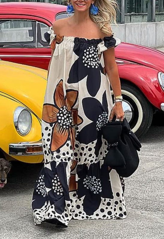 Vacation Ready: Off Shoulder Floral Maxi Dress with Big Ruffle Maxi Dresses - Chuzko Women Clothing