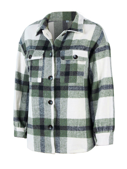 Plaid Wool Long Sleeve Shirt Jacket Shirt Jackets - Chuzko Women Clothing