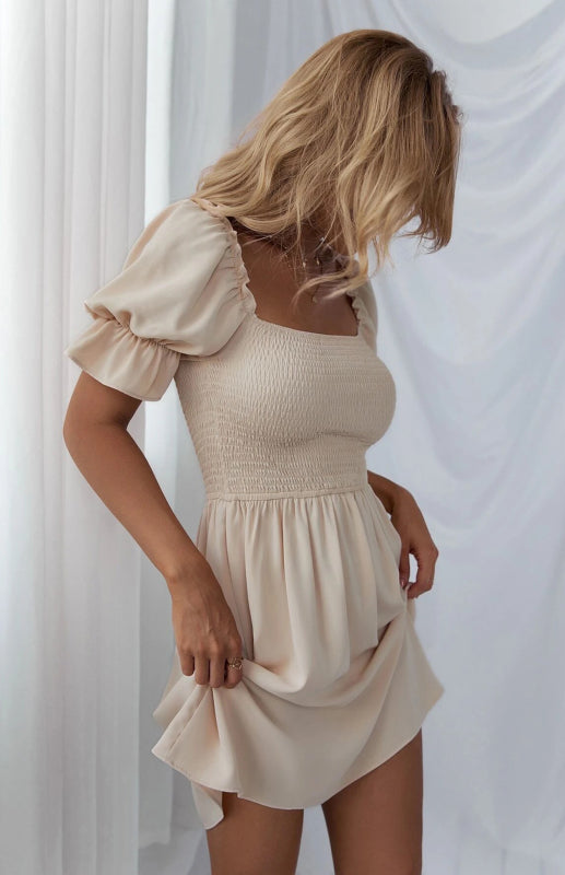 Solid Square Neck Smocked Bodice Ruffle Mini Dress Mini Dresses - Chuzko Women Clothing