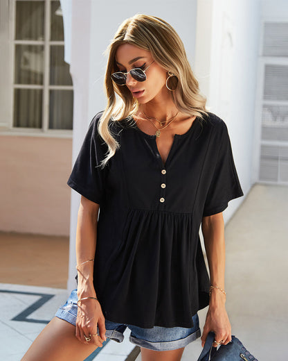 Trendy & Comfy: Women's Button Down T-Shirt - Pleated Loose Top Tops - Chuzko Women Clothing