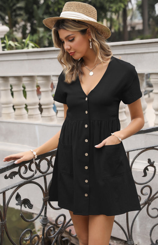 Button Up Cotton Short Sleeve Mini Dress Dress - Chuzko Women Clothing