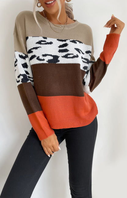 Color Block Leopard Knitted Pullover Sweater Sweaters - Chuzko Women Clothing